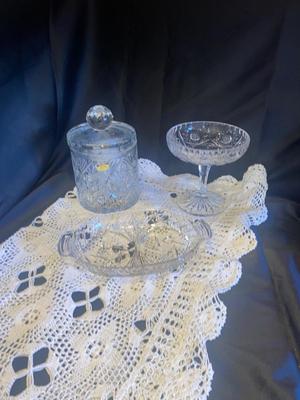 LEAD CRYSTAL DISHES AND TABLE RUNNER