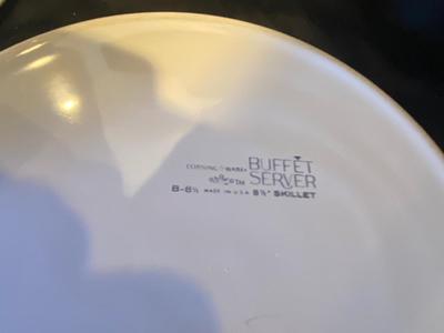 CORNING WARE BUFFET SERVER, GLASS AND TIN BREAD PANS