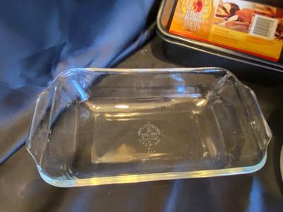 CORNING WARE BUFFET SERVER, GLASS AND TIN BREAD PANS
