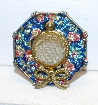 Very Colorful Blues, Pinks & White "Fancy Hat" BROOCH (1½" Circ.) with Ribbon and Screen Top
