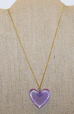 VINTAGE 1940's Or Later Lucite LAVENDER HEART PENDANT (1¼" x 1¼") with a Snap-On Clasp Brass Colored Necklace Chain...