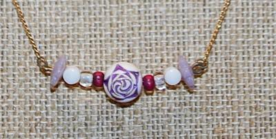Delicate LAVENDER & WHITE Beaded PENDANT (1") on a Dark Gold Tone Necklace Chain 13" L