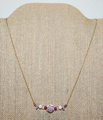 Delicate LAVENDER & WHITE Beaded PENDANT (1") on a Dark Gold Tone Necklace Chain 13" L