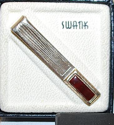VINTAGE 1930's "SWANK" Brand TIE CLIP (1½") with an Embedded Rectangle RED Stone & Box
