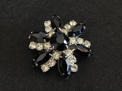 Black Glass And Rhinestone Vintage Brooch