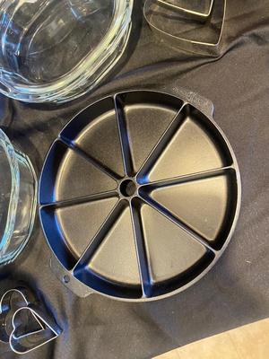 BRAND NEW NORDIC WARE BAKING DISH, GLASS PIE PANS, ROLLING PIN, PIE CRUST PROTECTOR, HEART SHAPED CAKE PAN AND COOKIE CUTTERS