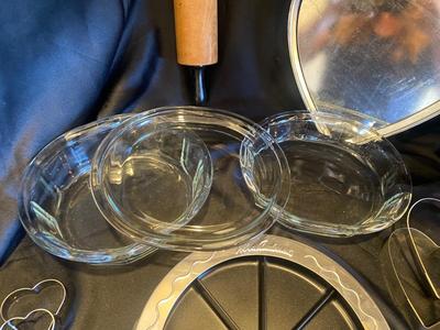 BRAND NEW NORDIC WARE BAKING DISH, GLASS PIE PANS, ROLLING PIN, PIE CRUST PROTECTOR, HEART SHAPED CAKE PAN AND COOKIE CUTTERS