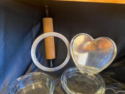 BRAND NEW NORDIC WARE BAKING DISH, GLASS PIE PANS, ROLLING PIN, PIE CRUST PROTECTOR, HEART SHAPED CAKE PAN AND COOKIE CUTTERS