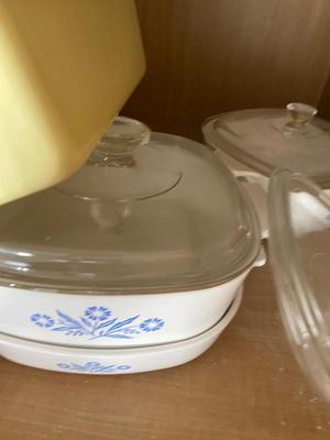CORNING WARE BAKING DISHES AND ENAMEL WARE BREAD PAN