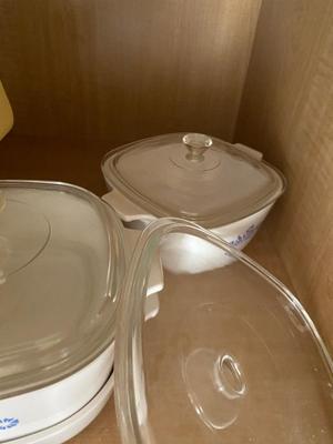 CORNING WARE BAKING DISHES AND ENAMEL WARE BREAD PAN