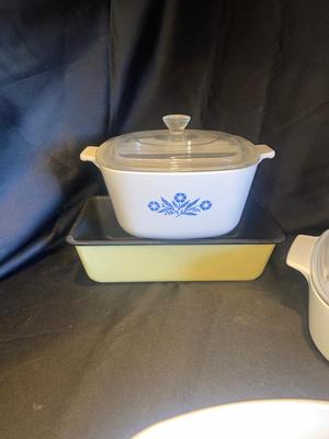 CORNING WARE BAKING DISHES AND ENAMEL WARE BREAD PAN