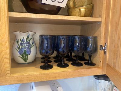 PRETTY BLUE STEMMED TUMBLERS AND CLAY FLORAL PRINT PITCHER