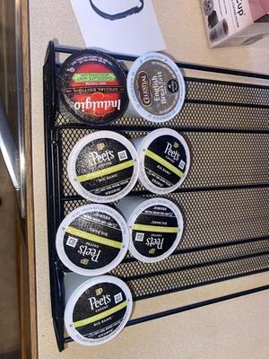 KEURIG COFFEE MAKER, KITTY CREAMER, AND TWO DIFFERENT COFFEE POD HOLDERS