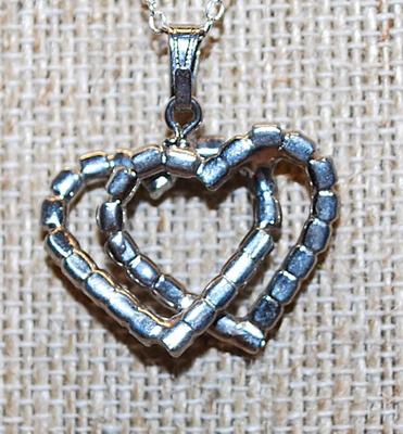 Vintage & Diamond Style Double Bejeweled HEARTS PENDANT (1" x 1") with a Silver Tone Necklace Chain 18" L