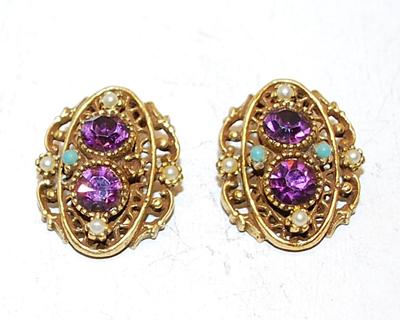 Beautiful Oval EARRINGS (1" Circ.) with Bright Purple Round Stones & Aquamarine/White Globe Beads with a Snap Style Clasp