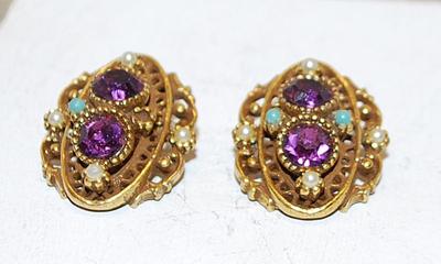 Beautiful Oval EARRINGS (1" Circ.) with Bright Purple Round Stones & Aquamarine/White Globe Beads with a Snap Style Clasp