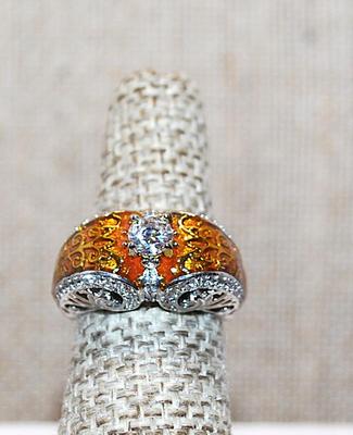 Size 6 ¼ Marked .925 "Puffy" AMBER ORANGE Party Ring with a Single Main Clear Round Stone on a Silver Band (6.1g)