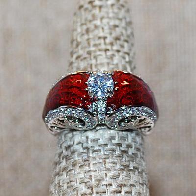 Size 9 Marked .925 "Puffy" RED Party Ring with a Single Main Clear Round Stone on a Silver Band (6.7g)