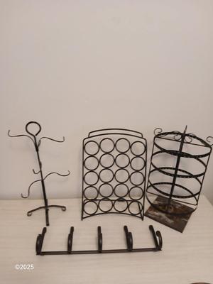 Assortment of metal organizing racks - Hooks - Coffee pod organizer and more