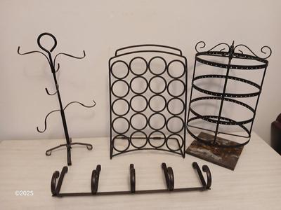 Assortment of metal organizing racks - Hooks - Coffee pod organizer and more