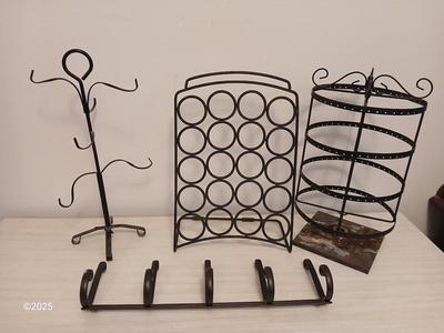 Assortment of metal organizing racks - Hooks - Coffee pod organizer and more