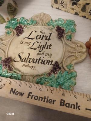 Vintage fruit bowl with grapes Grape themed religious wall hanging and a recipe box