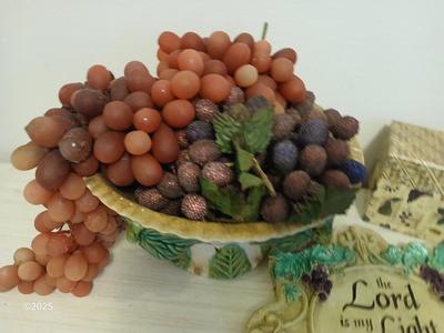Vintage fruit bowl with grapes Grape themed religious wall hanging and a recipe box