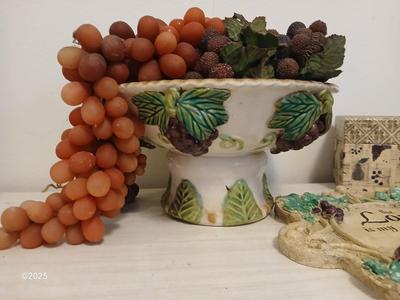 Vintage fruit bowl with grapes Grape themed religious wall hanging and a recipe box
