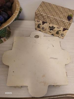 Vintage fruit bowl with grapes Grape themed religious wall hanging and a recipe box