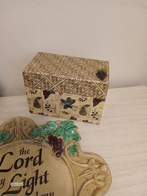 Vintage fruit bowl with grapes Grape themed religious wall hanging and a recipe box