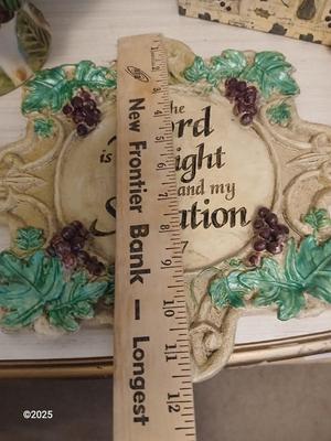 Vintage fruit bowl with grapes Grape themed religious wall hanging and a recipe box