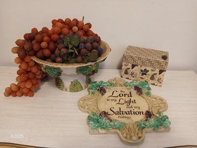 Vintage fruit bowl with grapes Grape themed religious wall hanging and a recipe box