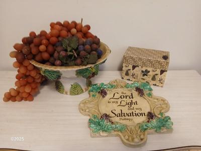 Vintage fruit bowl with grapes Grape themed religious wall hanging and a recipe box