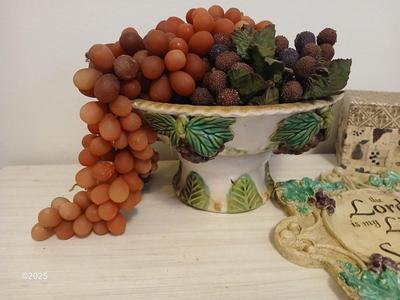 Vintage fruit bowl with grapes Grape themed religious wall hanging and a recipe box