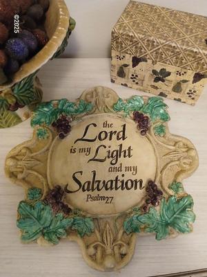 Vintage fruit bowl with grapes Grape themed religious wall hanging and a recipe box