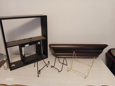 Wall shelf, wall ledge, picture frames and three plate stands