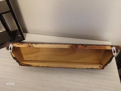 Wall shelf, wall ledge, picture frames and three plate stands