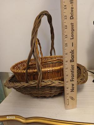 Variety of baskets and a lamp with a large lampshade