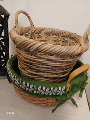 Variety of baskets and a lamp with a large lampshade