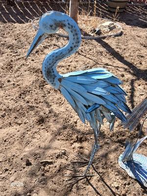 Two metal yard art birds