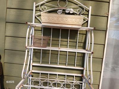 Metal bakers rack style planting station with flowerpot and more