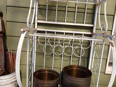 Metal bakers rack style planting station with flowerpot and more