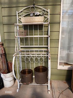 Metal bakers rack style planting station with flowerpot and more