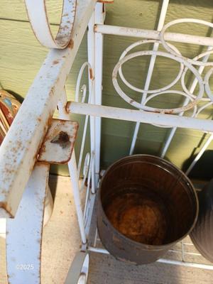 Metal bakers rack style planting station with flowerpot and more