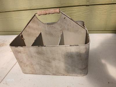 Six slot galvanized metal storage bin with three-tiered mesh hanging baskets