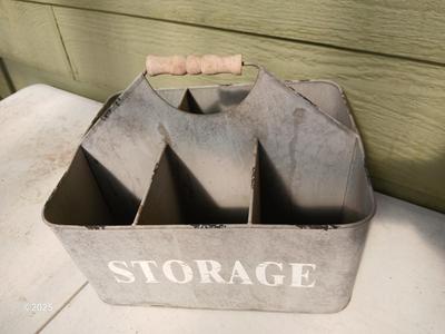 Six slot galvanized metal storage bin with three-tiered mesh hanging baskets