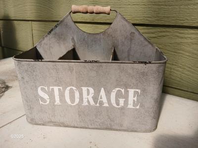 Six slot galvanized metal storage bin with three-tiered mesh hanging baskets