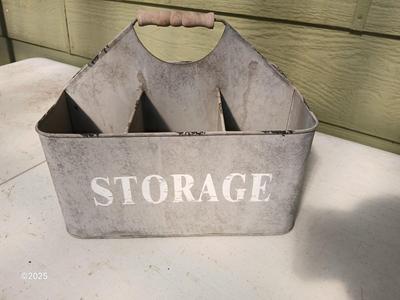 Six slot galvanized metal storage bin with three-tiered mesh hanging baskets