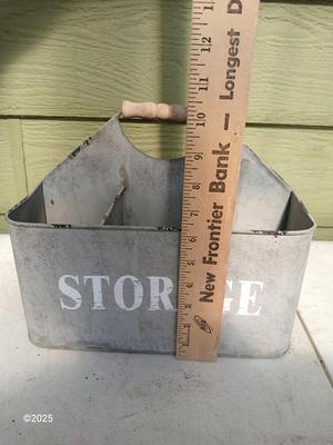 Six slot galvanized metal storage bin with three-tiered mesh hanging baskets