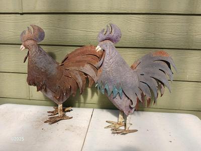 Chickens that don't eat much - Two rusty old roosters - yard art